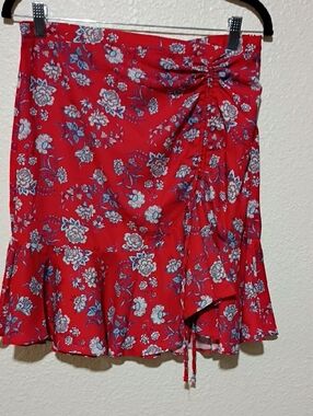 Red Floral High-Low Ruffle Skirt with Side Tie